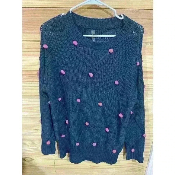 ALYA Womens Crew Neck Sweater Size S Blue Pink Polka Dot Cable Knit long Sleeve - Picture 1 of 6